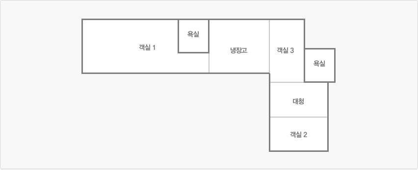 우성관 평명도이미지로 시계방향으로 설명합니다. 객실1, 욕실, 냉장고, 객실3, 욕실, 대청, 객실2가 있습니다.