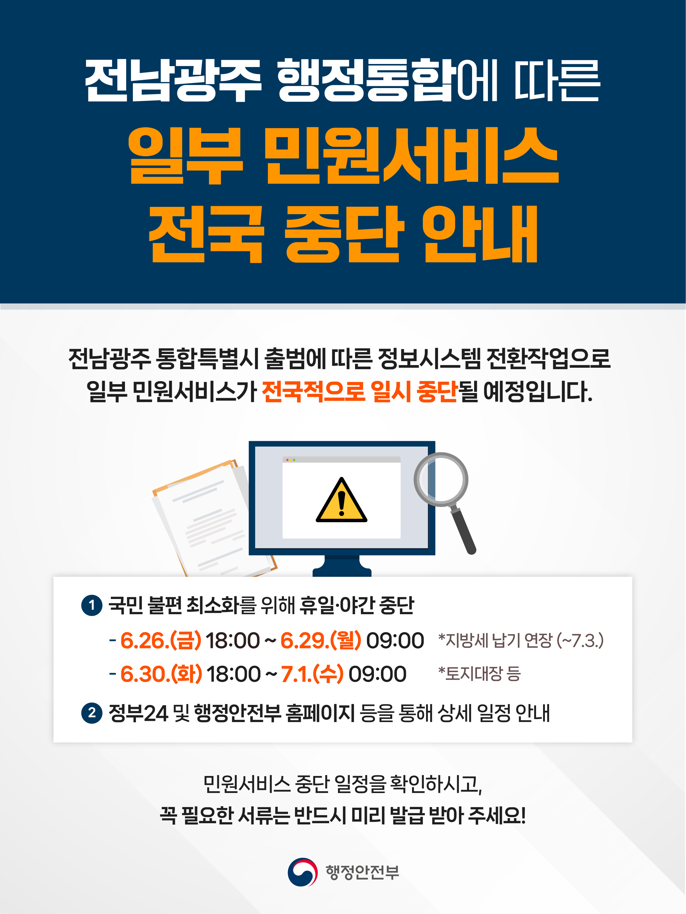 7. 1. 전남광주통합특별시 출범에 따른 정보시스템 데이터 전환 작업으로 주말‧야간 시간대 전국적으로 일부 민원서비스 일시 중단 예정
6월 마지막 주말인 27일과 28일에는 건축물대장 발급과 지방세 납부 등 일부 민원 서비스*가 중단된다. 이어 통합특별시 출범 전날 야간인 6월 30일(화) 오후 6시부터 7월 1일(수) 오전 9시까지는 주민등록 등·초본(행안부 주민등록시스템), 토지대장 발급(국토부 일사편리 시스템), 납세증명서(국세청 홈택스 시스템) 등 78개 시스템의 대민서비스가 일시 중단된다.