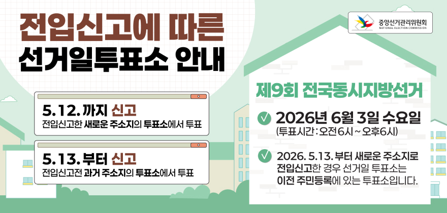전입신고에 따른 선거일투표소 안내
5.12.까지 신고
전입신고한 새로운 주소지의 투표소에서 투표
5.13.부터 신고
전입신고전과거 주소지의 투표소에서 투표
중앙선거관리위원회
NATIONAL ELECTION COMMISSION
제9회 전국동시지방선거 2026년 6월 3일 수요일 (투표시간:오전6시~오후6시)
2026.5.13.부터 새로운 주소지로 전입신고한 경우 선거일 투표소는 이전 주민등록에 있는 투표소입니다.